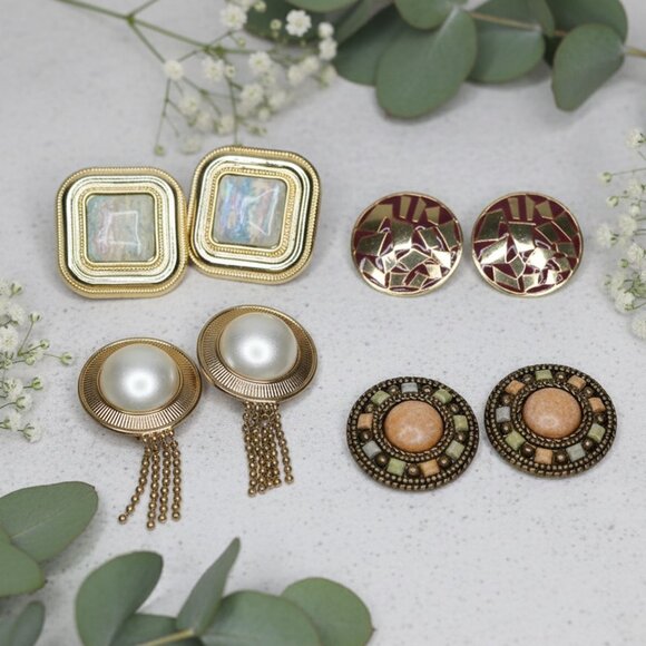 Vintage 1980s Statement Clip Earrings Lot of 4 Pairs Large Disco Retro Glam - Picture 1 of 12